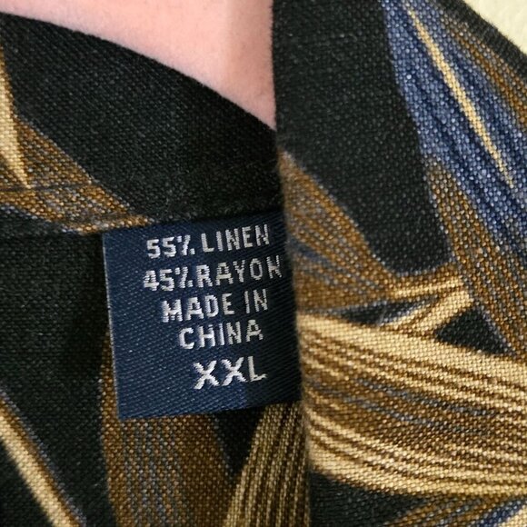 Izod Linen Blend Neutral Black Beige Tan Blue Hawaiian Shirt Size XXL - Picture 6 of 6